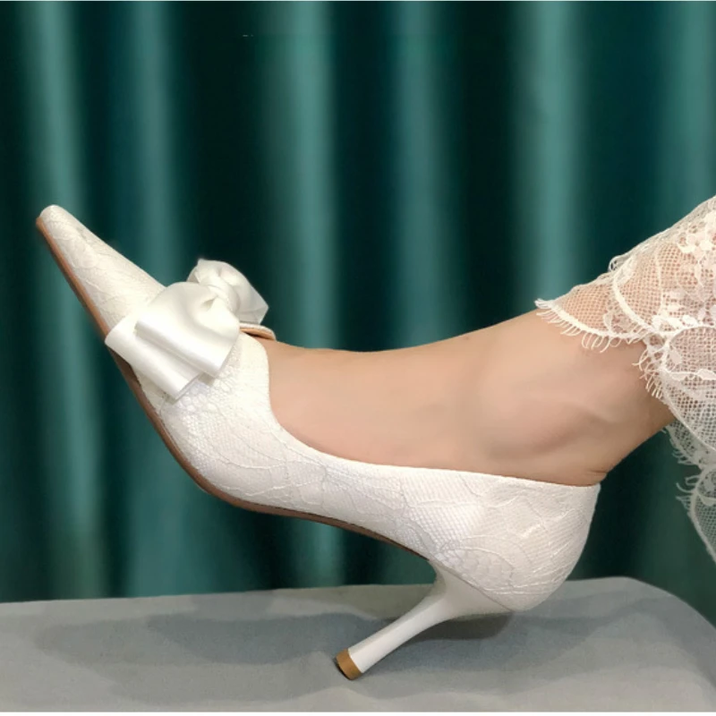 Ladies Sexy Stiletto Heel Bowknot Wedding Shoes Bride Thin High Heels White Pumps Women 2022 Square Toe Dress Party Shoes
