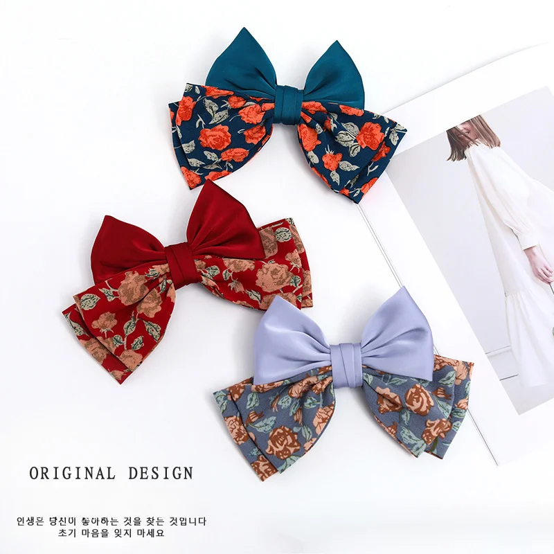 

Japanese Style New Floral Bow Barrettes Satin Patchwork Retro Hong Kong Style French Sweet Headdress Back Head Hair Accessories