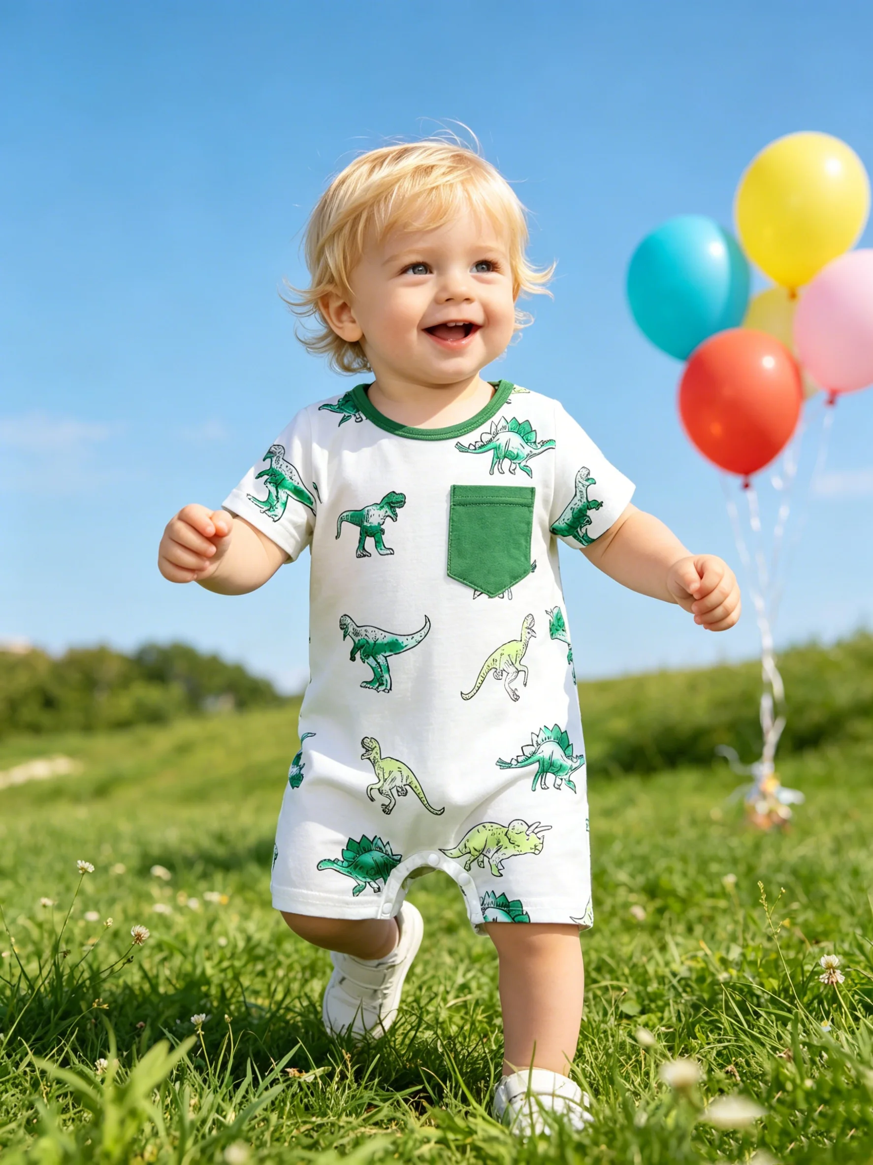 Boys Summer Dinosaur Print Short Sleeve Onesie White Background with Green Dinosaur Design Green Contrast Stitching And Chest Po