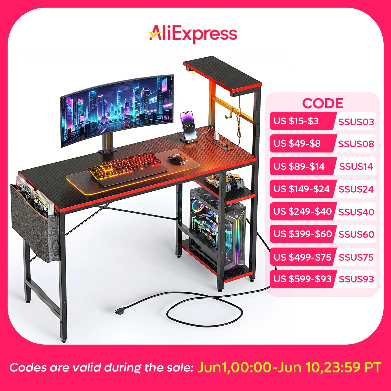

NOST&HOST 44 Inch LED Gaming Computer Desk for Small Spaces, Home Office Desk with Reversible Shelves & Side Bag, Black 3D Carbon Fiber