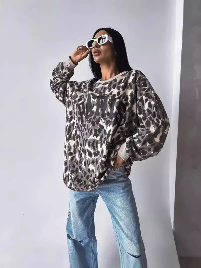 Fall Women\'s Sweatshirt Long Sleeves Pullovers Letter Leopard Print Outerwear Loose O-neck Sexy Female\'s Tops Oversize Hoodie