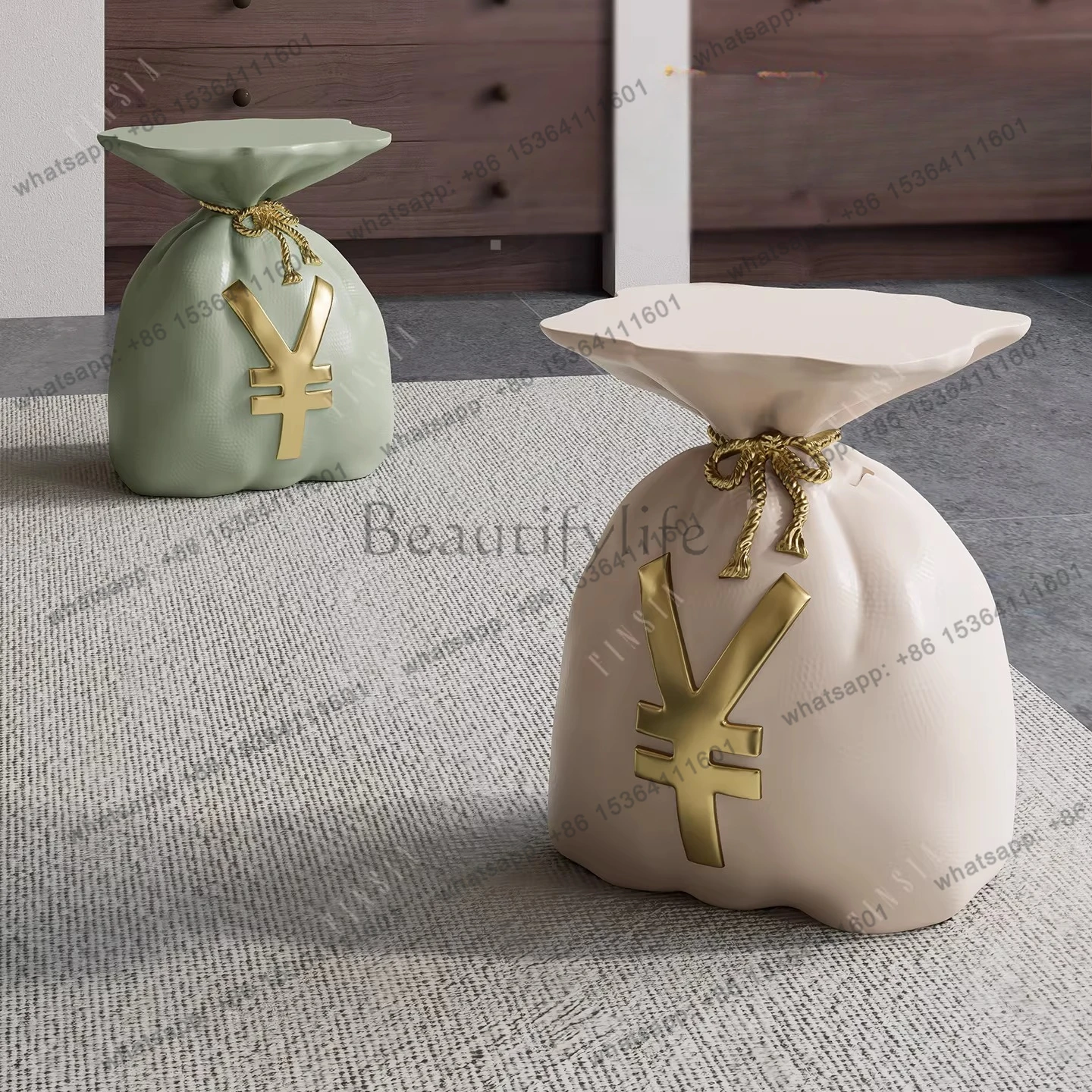 Money bag shape low stool can be sat and placed with piggy bank function living room entrance shoe change stool