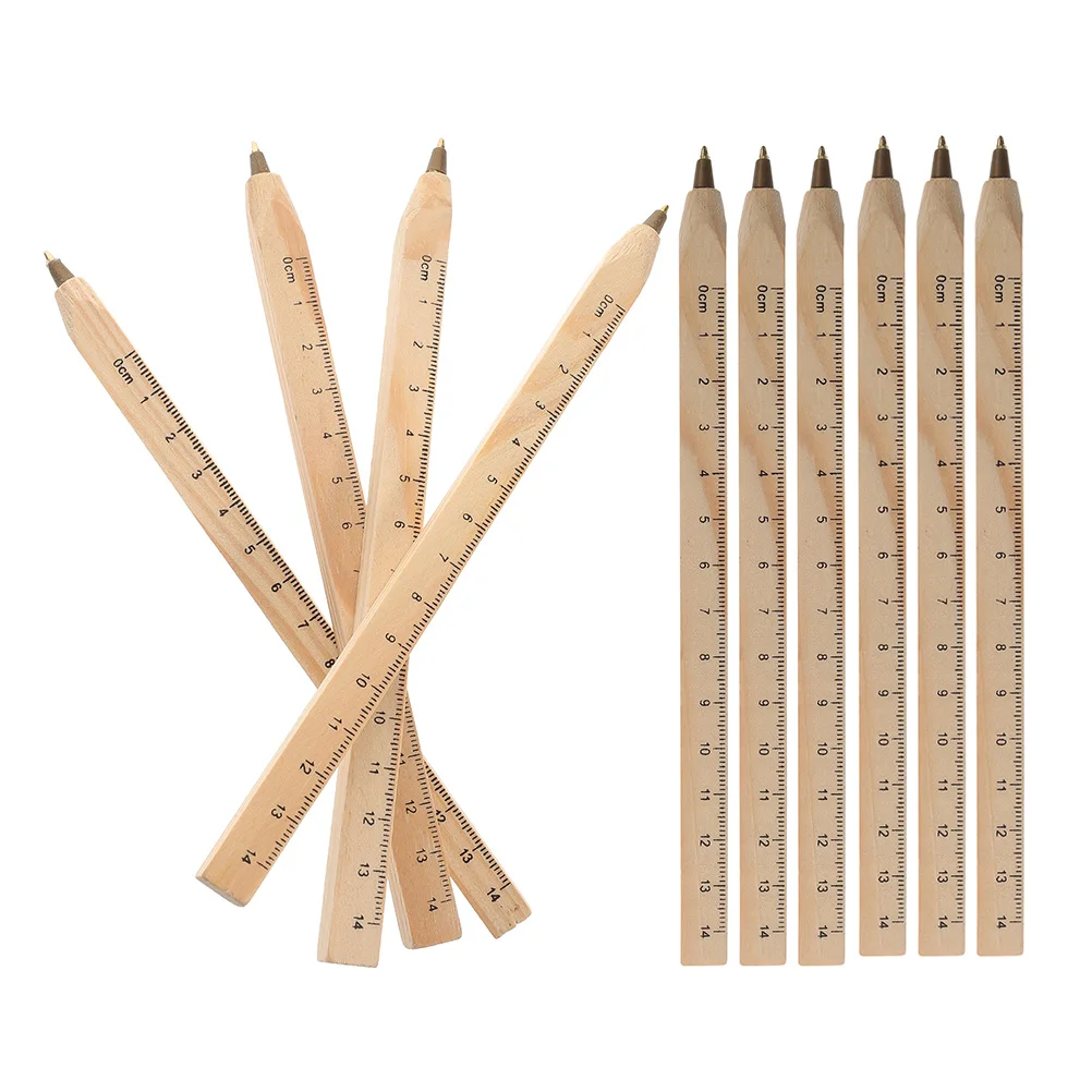 

10pcs Wooden Ballpoint Pen Black Ink With Ruler Compact For Writing Drawing Journaling Office School Supplies Multifunctional