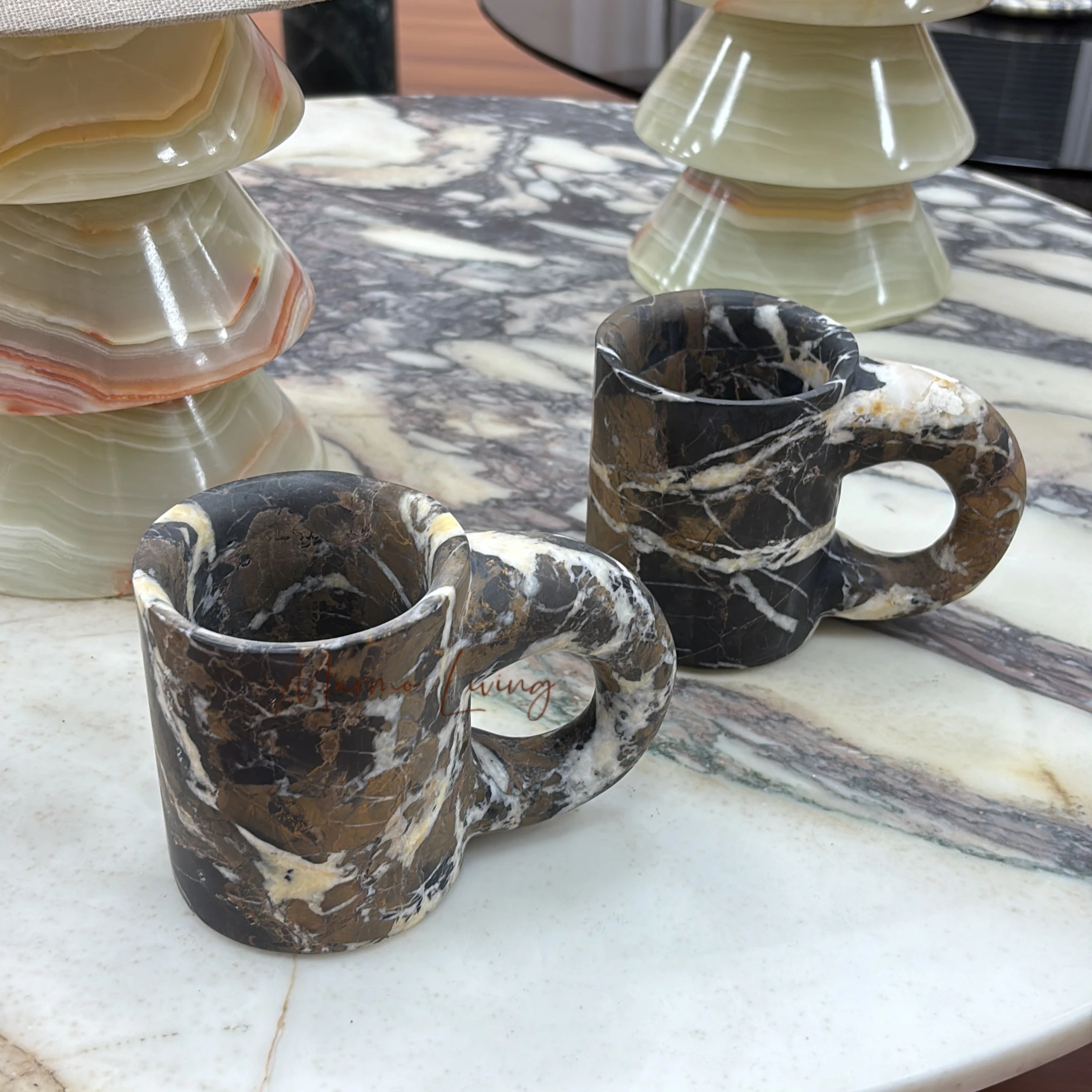 

Чашка для кофе и эспрессо из натурального мрамора Black Gold Flower, в стиле Light Luxury, с художественным мраморным декором, роскошная, для воды
