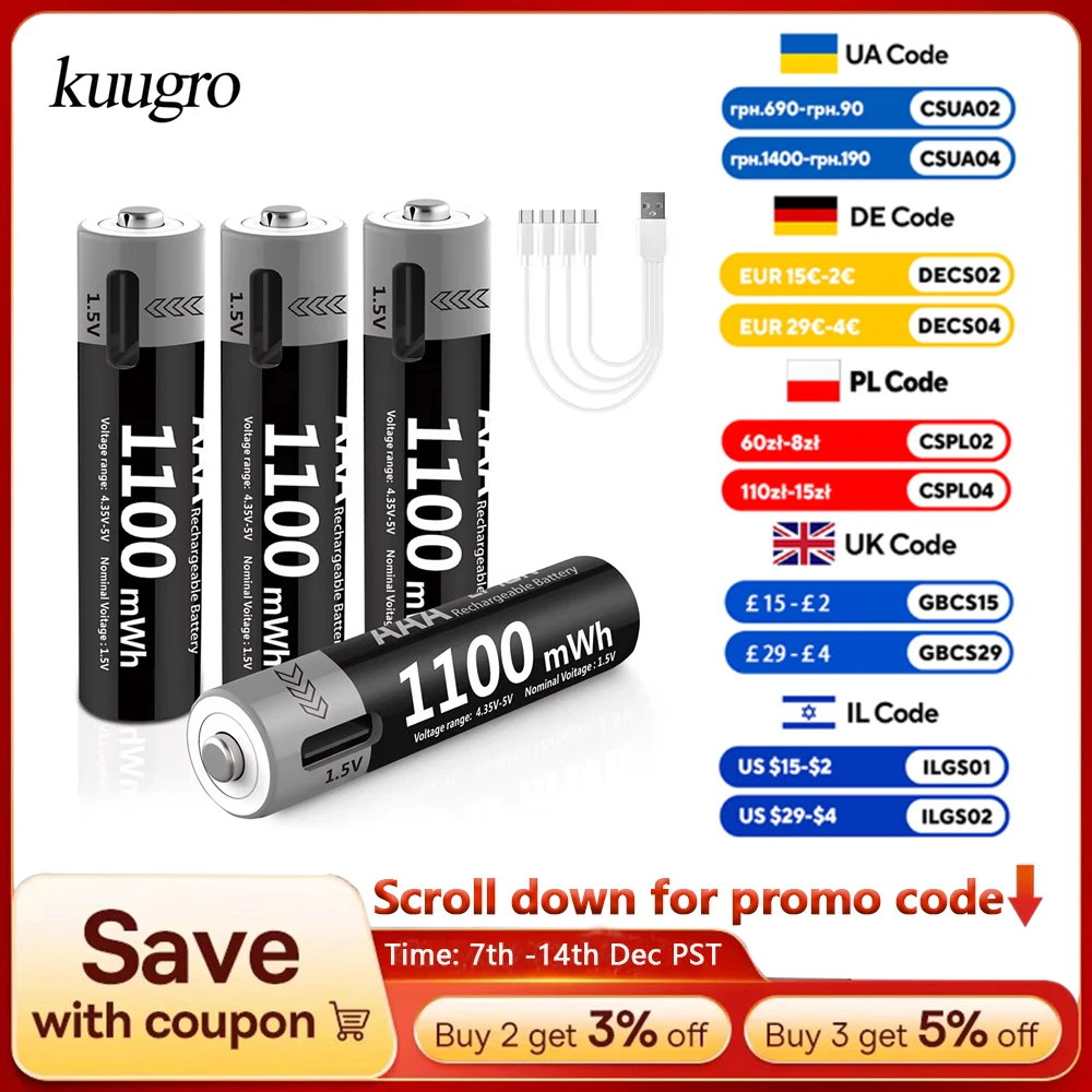 MATOV 1.5V AAA USB Li-ion Rechargeable Battery Aaa 1.5V 1100mWh Lithium Batteries with 4-in-1 Cable for Toys Camera Flashlight