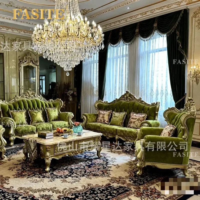 For French Neoclassical Living Room Solid Wood Carving European Chenille Jacquard Fabric Sofa 123 Combination Set Elegant