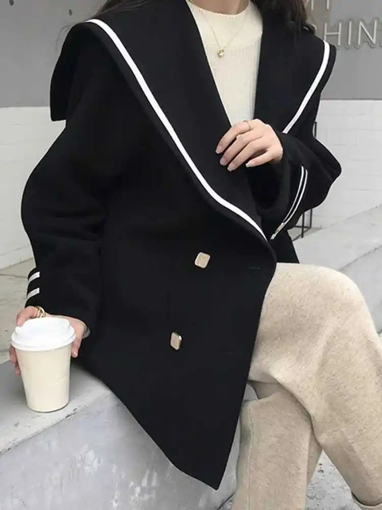 Retro Fashion Navy Collar Woolen Coat Women'S Autumn And Winter French Double Breasted Loose Casual Coat