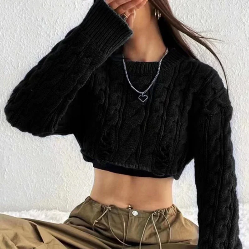 เสื้อสเวตเตอร์ครอปถักไหมพรมแฟชั่นผู้หญิง แขนยาว คอกลม ทรงบิดเกลียว สไตล์เซ็กซี่ เอวสูง สำหรับฤดูใบไม้ร่วงและฤดูหนาว