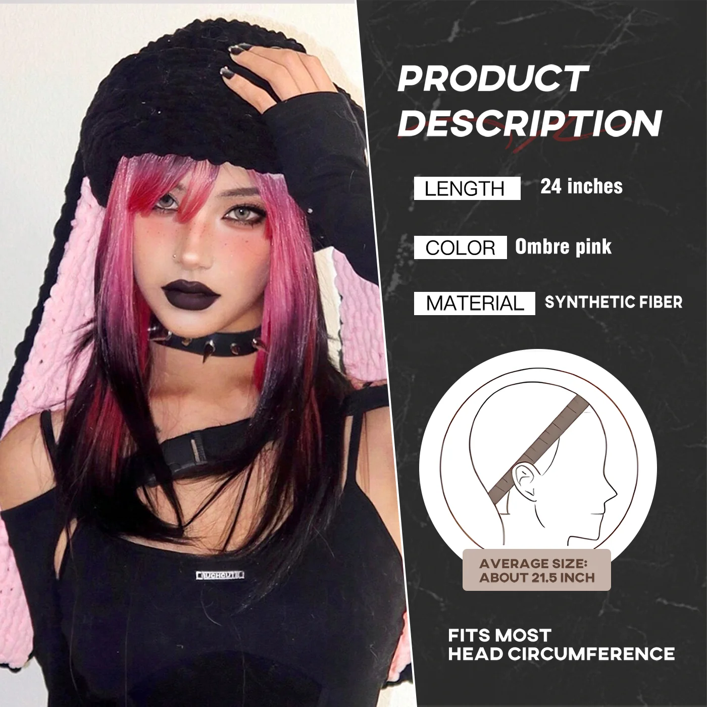 Allbell Magique Roze Zwart Ombre Pruik Lange Gelaagde Rechte Synthetische Pruik Met Pony Gradiënt Natuurlijke Party Cosplay Pruik Voor Vrouwen