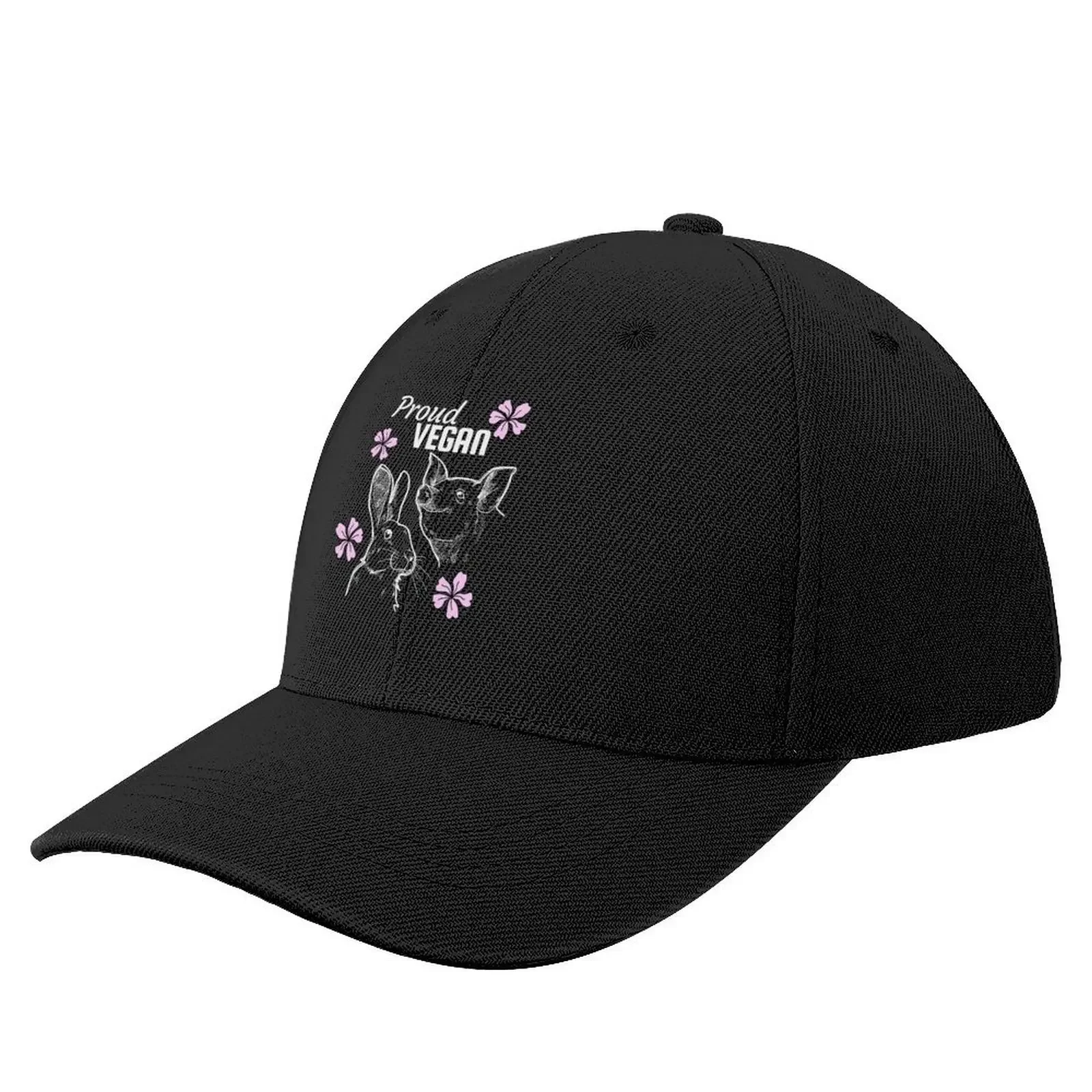 

Proud vegan text with some pink flowers and pig and a rabbit Baseball Cap Golf Wear Sports Cap Luxury Woman Men's