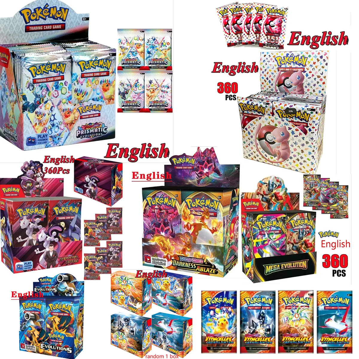 Cartão pokémon 360 peças, evolução prismática, violeta escarlate, 151 surging, faíscas e revalizes, impulsionador em inglês, cartão de transação de batalha