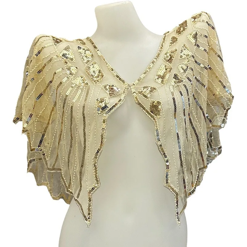 여성용 멀티 컬러 레트로 스팽글 페르시 숄 연회 이브닝 드레스 스몰 조끼 숄 레트로 스팽글 메쉬 스팽글 v 넥