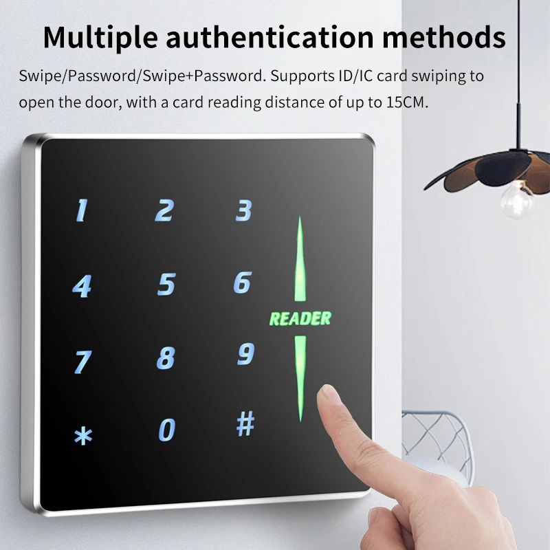 9mm Ultra Slim Access Control Keypad, 125Khz ID RFID Reader, Metal Frame & Glass Panel, Wiegand26/34/RS232/RS485/TTL Format