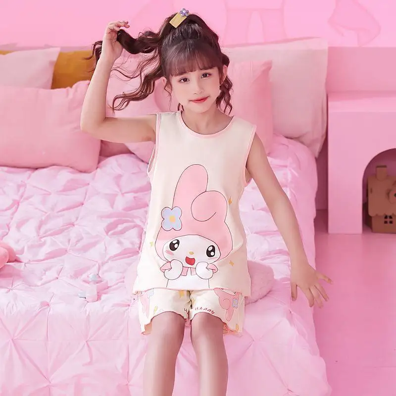 Sanrios 2 قطعة سترة سينامورول السراويل بلدي ميلودي لطيف الأطفال الكرتون الصيف الطفل الساخن أكمام رقيقة ملابس المنزل هدية عيد