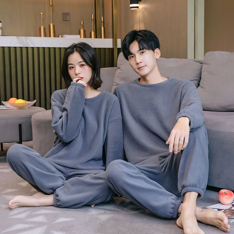 

Autumn Winter Couples Pajamas Men Women Double Sided Velvet Pyjamas Warm Casual Home Wear Set Sports Style Round Neck Nightdress