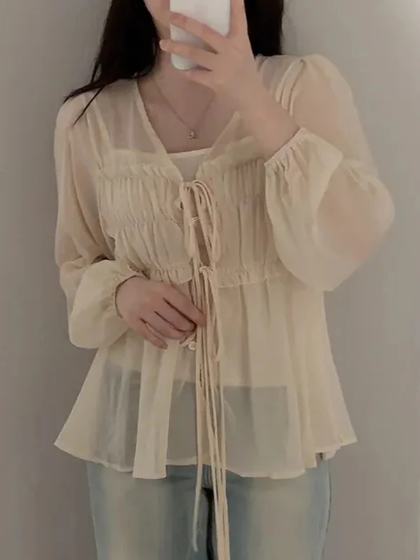 

Korean Style V-Neck Bubble Sleeve Cotton Shirt Women's Summer Air Conditioning Sun Protection Two-Piece Set with Wood Grain R...