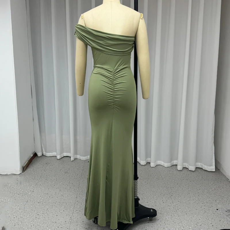 Ellafads Maxi Dress 2024 Women Summer Solid One Shoulder Sleeveless Backless Irrgular Slit Nipped Waist Slim Mermaid Long Dress