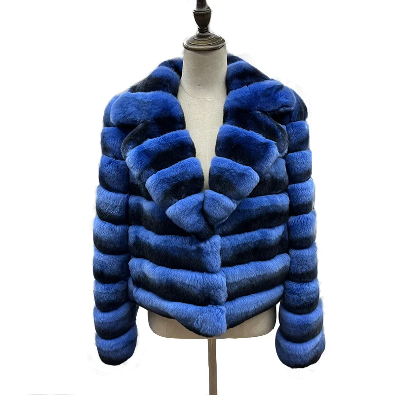 Real Rex Rabbit Fur Coat Women Autumn Winter Short Jacket Thick Warm Fashion Chinchilla striped jacket Elegant Female Outerwears