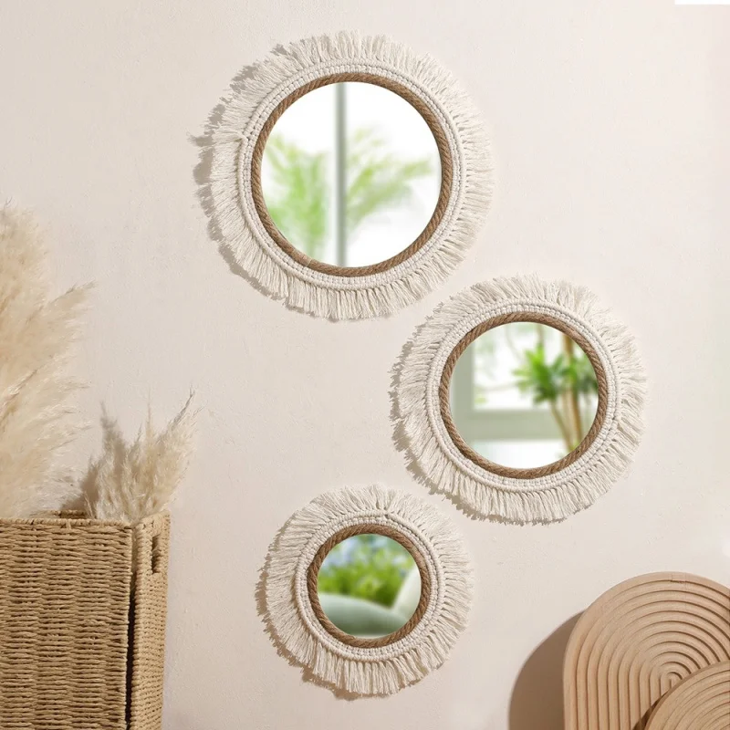 Bohemian Handmade Cotton Rope Woven Mirror with Tassel Wall Hanging for Living Room Bedroom