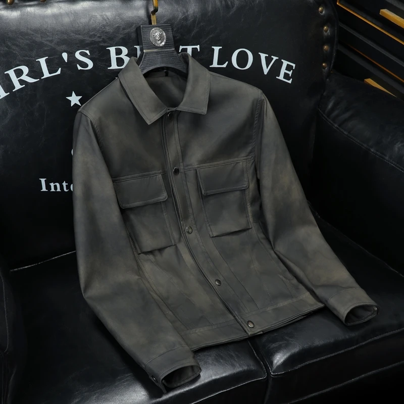 

Новая мужская приталенная замшевая кожаная куртка 2025 года: повседневная, универсальная, с отложным воротником, для весны и осени, модная городская одежда, пальто с длинными рукавами