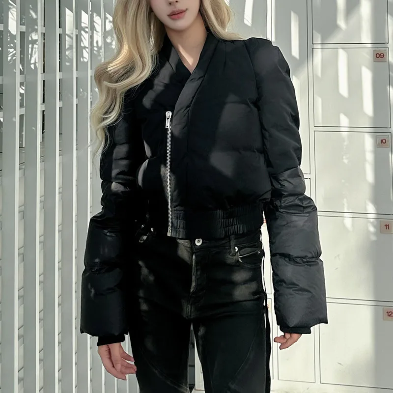 HKSH شتاء جديد إمرأة قصير أسفل معطف غير المتماثلة المرقعة كم طويل الخامس الرقبة سستة أنيقة الراقية الدافئة سترة منفوخة HK16362