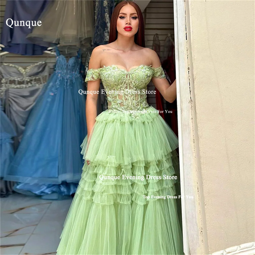 Qunque Sweetheart Mint Green Tiered Tulle Prom Dress Customized Appliques Beaded Gorgeous Robes De Cocktail Birthday Dresses