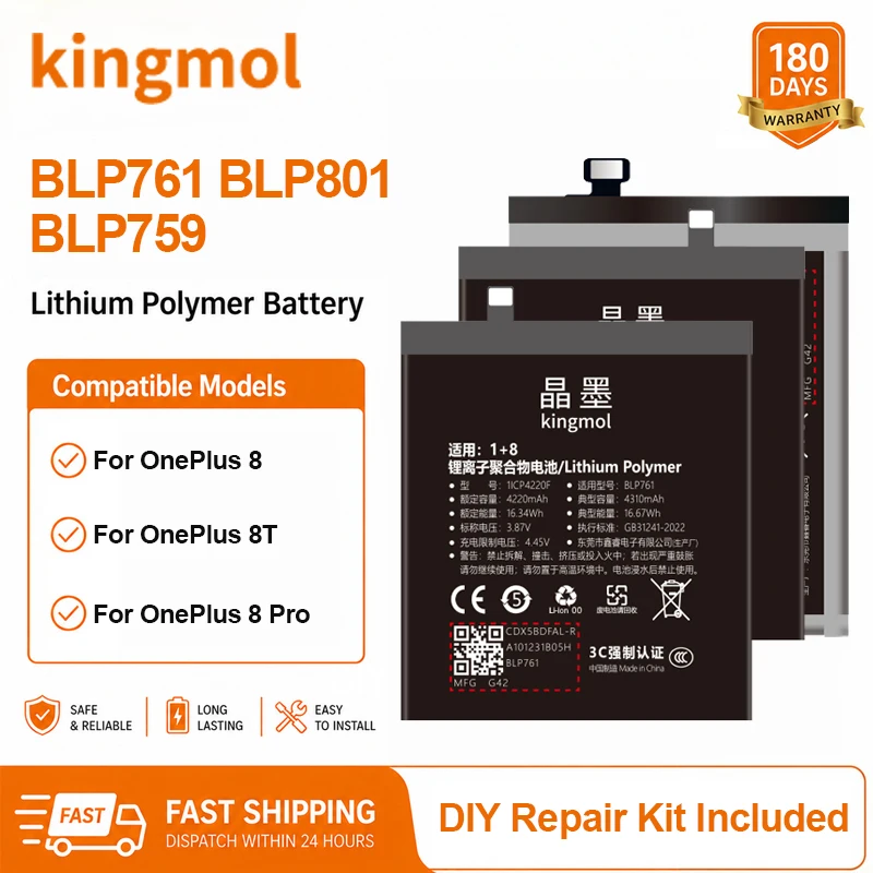 Kingmol Replacement Battery BLP761 BLP801 BLP759 For OnePlus 8 8T Pro 9R High Capacity Battery With Repair Tools