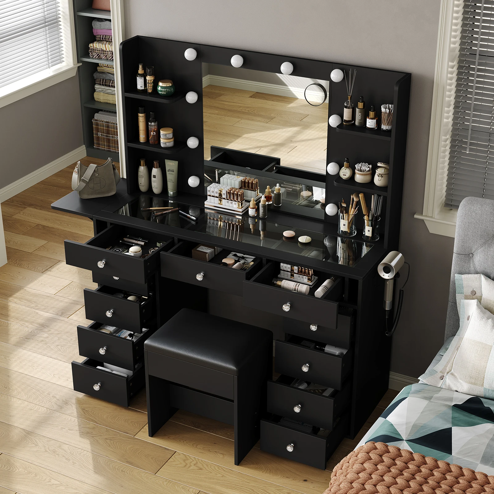 Vanity Desk With Power Outlet, 47'' W Makeup Table With Mirror And 12 LED Lights, 3 Color Lighting Modes, 11 Drawers Makeup Vanity With 4 Shelves, Fold-Up Panel, Glass Top, Vanity Set For Bedroom, Christmas Gift, Gift For Daughter, Gift For Wife