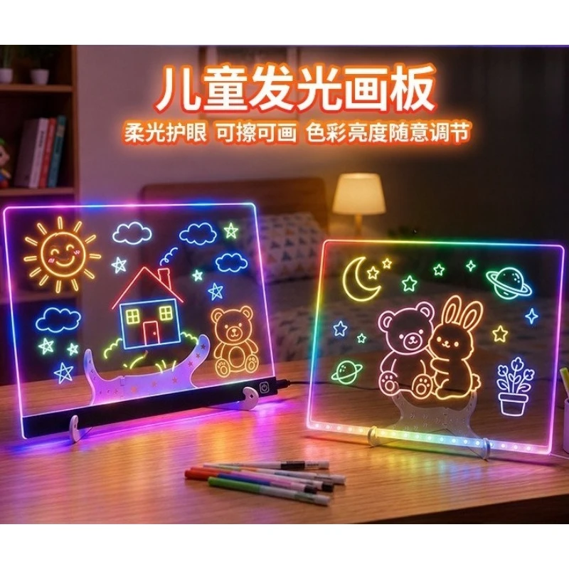 RGB LED Drawing Board USB Erase Note Board Includes Stand, 7 Markers, Perfect for Holidays and Birthday,20x20CM