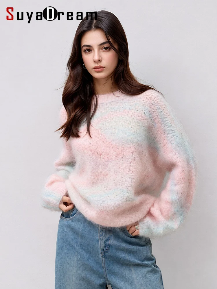SuyaDream, Women Tie Dye Beaded Sequin Mohair Sweater Crew Neck Loose Fit Long Sleeve Autumn Fall Printed Knit Pullover