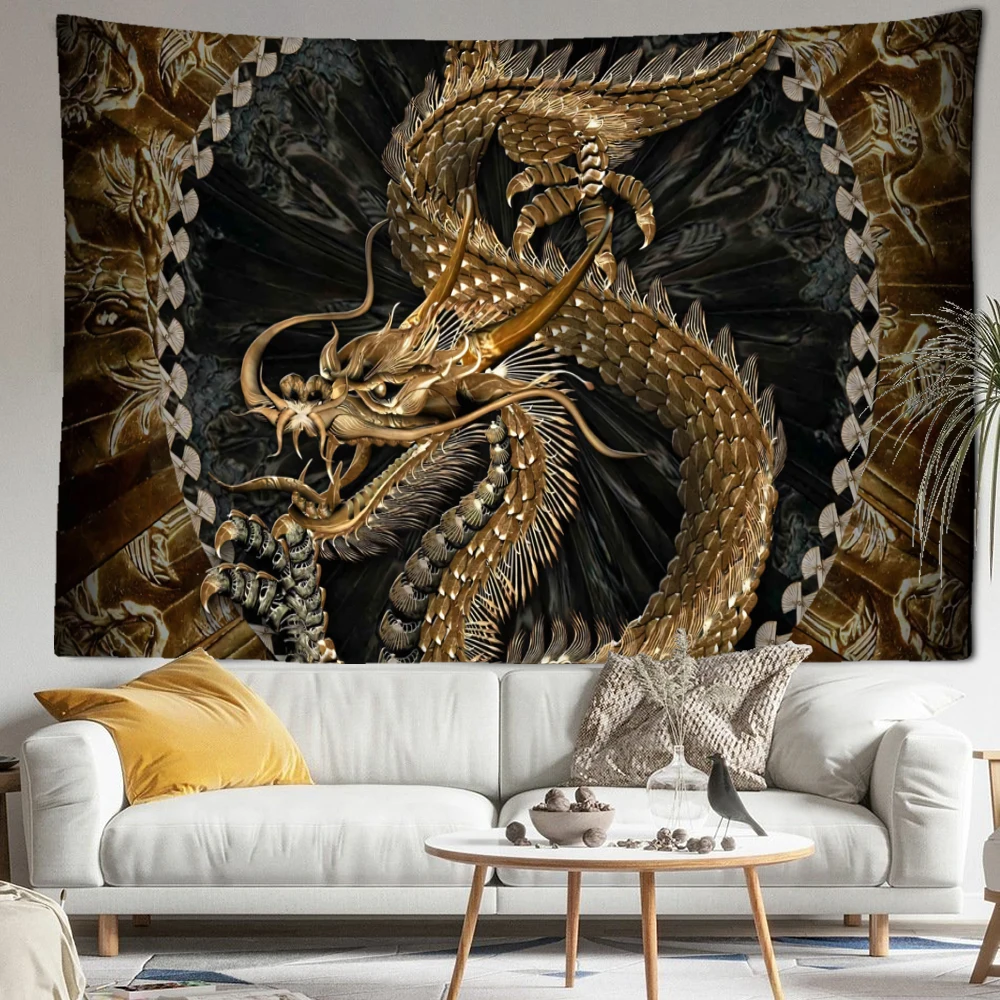 Dark Golden Dragon Pattern Tapestry Wall Hanging Abstract Mysterious Ancient Art Living Room Bedroom Home Decor