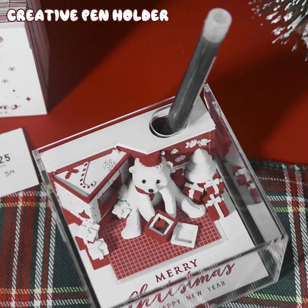 Calendario estereoscópico 3D para regalo de Navidad, notas talladas en papel, creativo, oso pequeño de Navidad, libro de notas con rasgado a mano, 2025