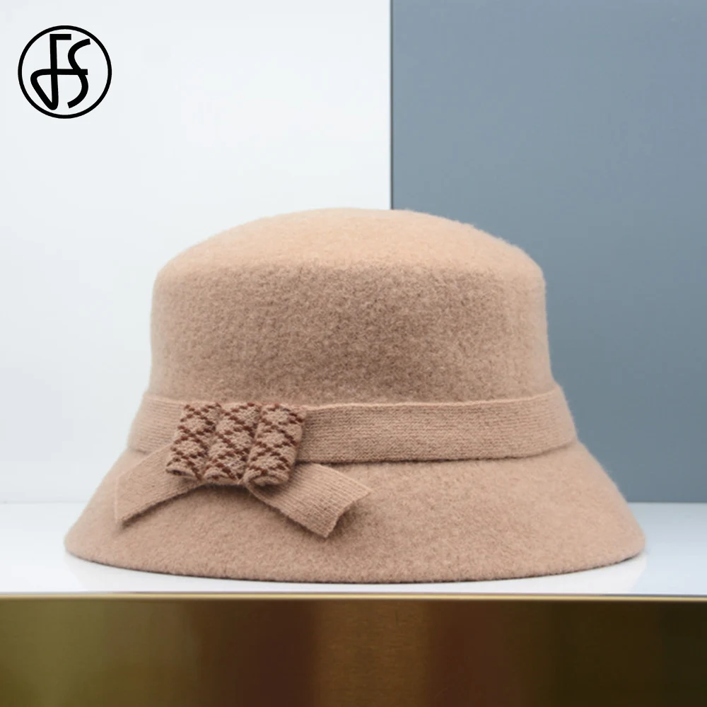 FS Wool Windbreak Fisherman Hats For Women With Bowknot Outdoor Keep Warm Basin Cap Ladies Autumn Fashion Bowler Fedoras