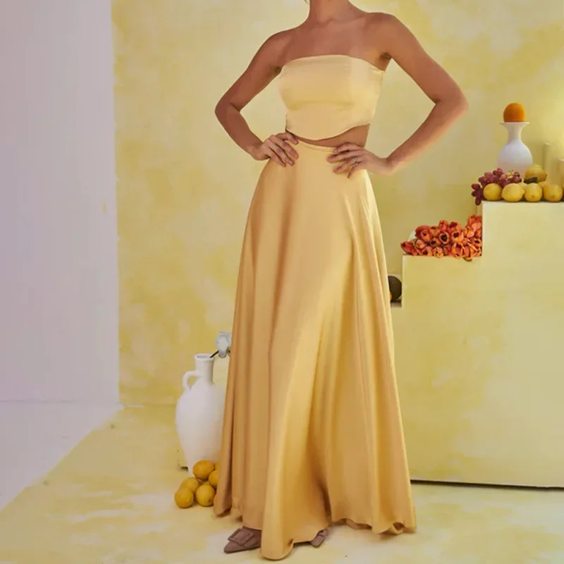 Women Party Two Piece Sets Skirt Outfits Short Top Sleeveless Backless Solid Color Strapless Sexy Ensemble Long Skirts Suit