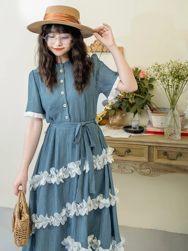 Retro Petal Art Sweet Dress Summer Short sleeved Daily Girl Dress Fashion Women's Shopping Dress