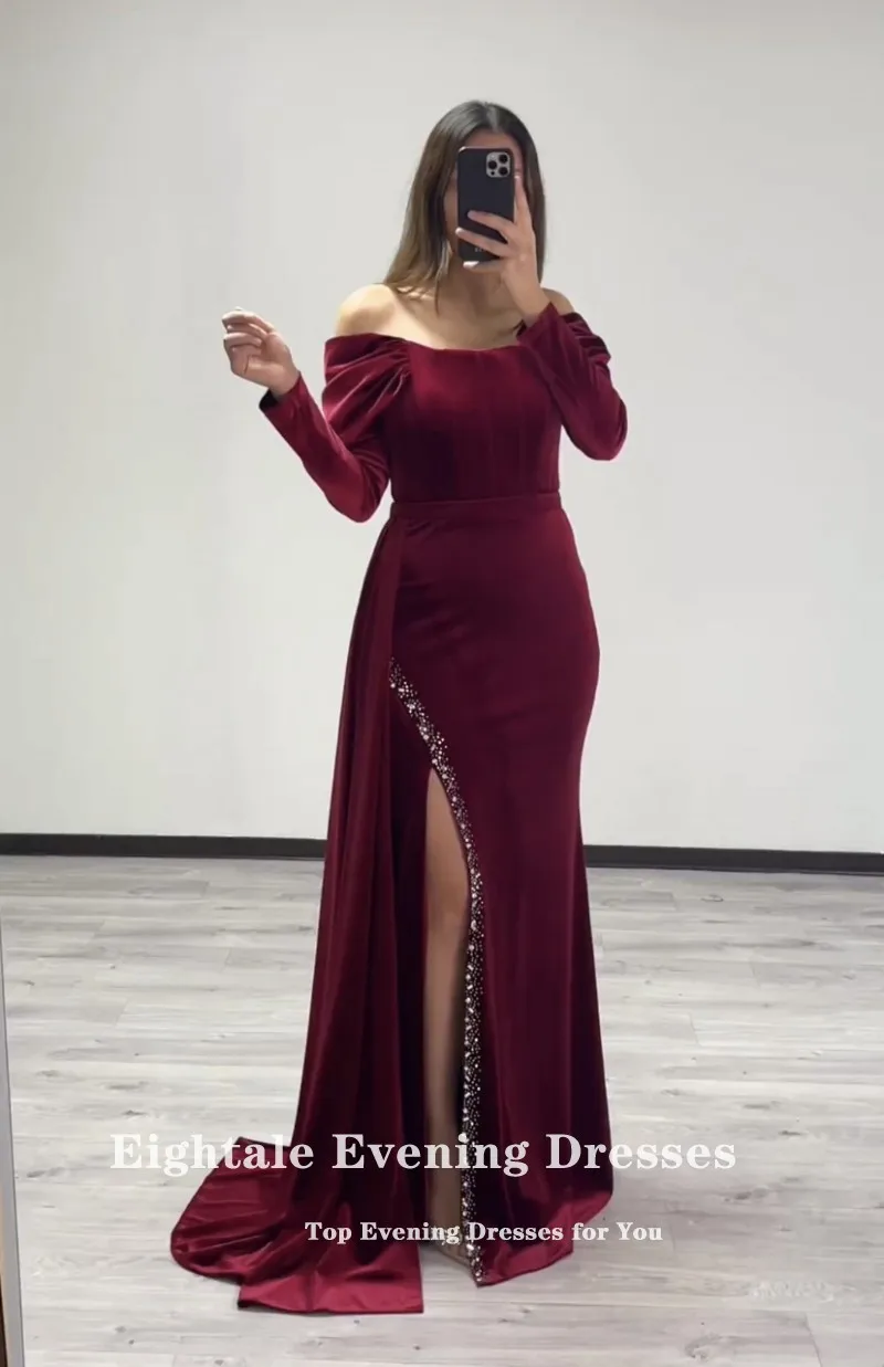 Eightale Burgundy Evening Dress Arabic Customzied Prom Gowns Long Sleeves Off Shoulder Velvet Mermaid Wedding Party Dress