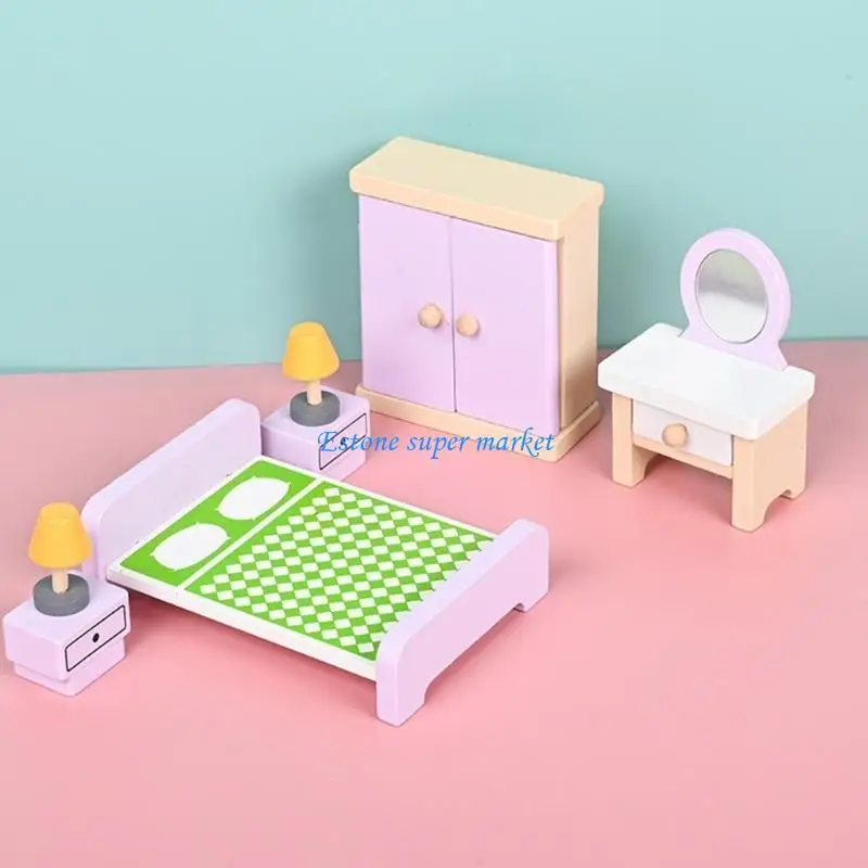 090B Dollhouse Miniature Bed With Drawer Bedroom Simulation Furniture Model Bedroom Furniture Pretend Play Toy