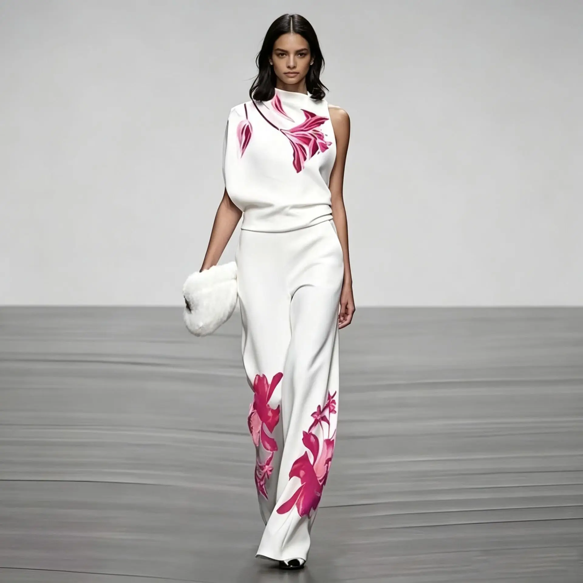 D8514 Women's Erotogenic Fashion High Neck Printed Sleeveless Long Pants. Two-piece Set Party Femme Elegant