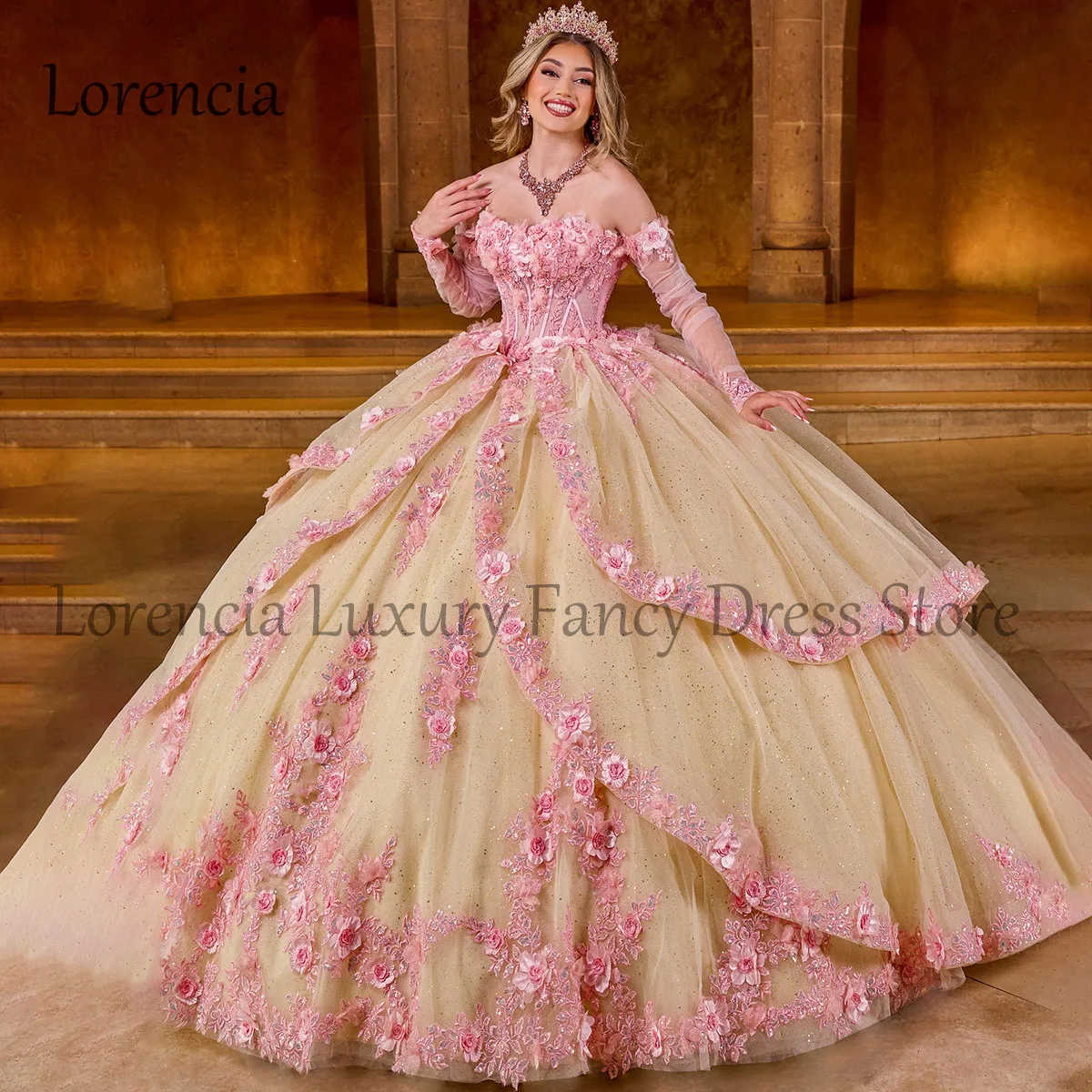 Мексиканское платье для Quinceanera бальное платье с бантом с открытыми плечами Аппликация из бисера многоярусный корсет Милая 16-летняя официальная одежда 15 лет