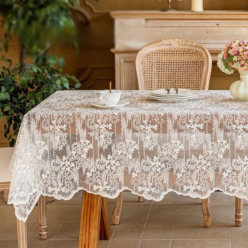 White Lace Tablecloth Embroidery Outdoor Wedding Party Decoration Table Cloth Advanced Dining Table Cloth Furniture Dust Cover