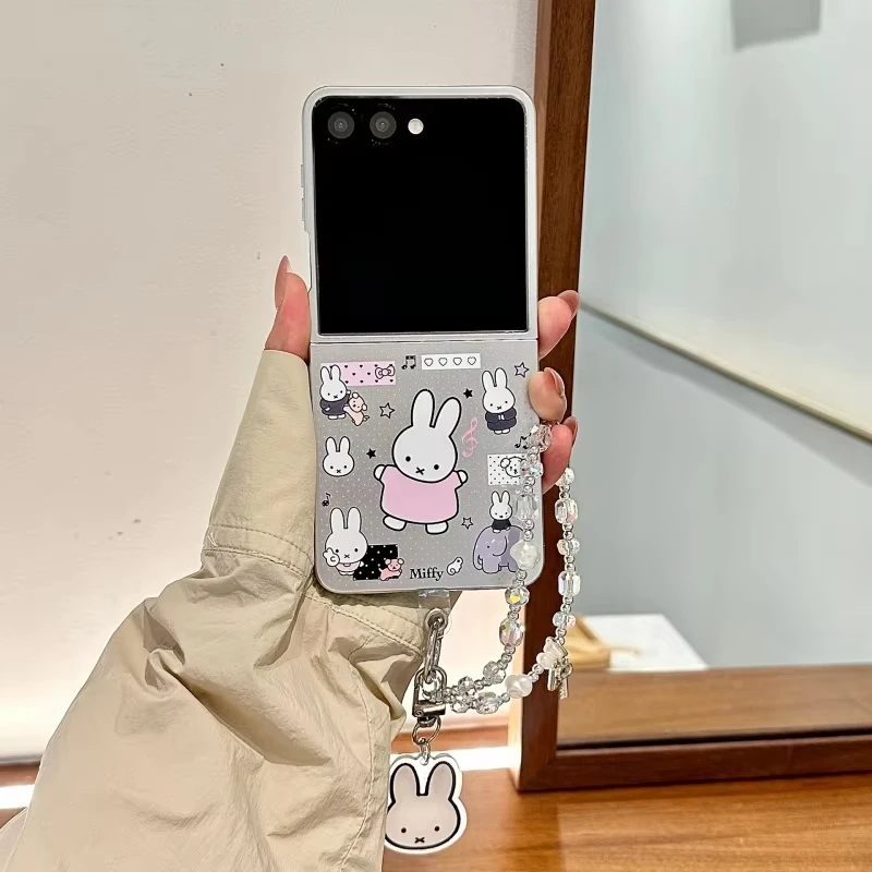 Luxury Plating Colorful star Miffy star Phone Case For Samsung ZFlip 3 4 5 6 7 8 ZFlip7 Fe Cute Cartoon Miffy with lanyard Cover