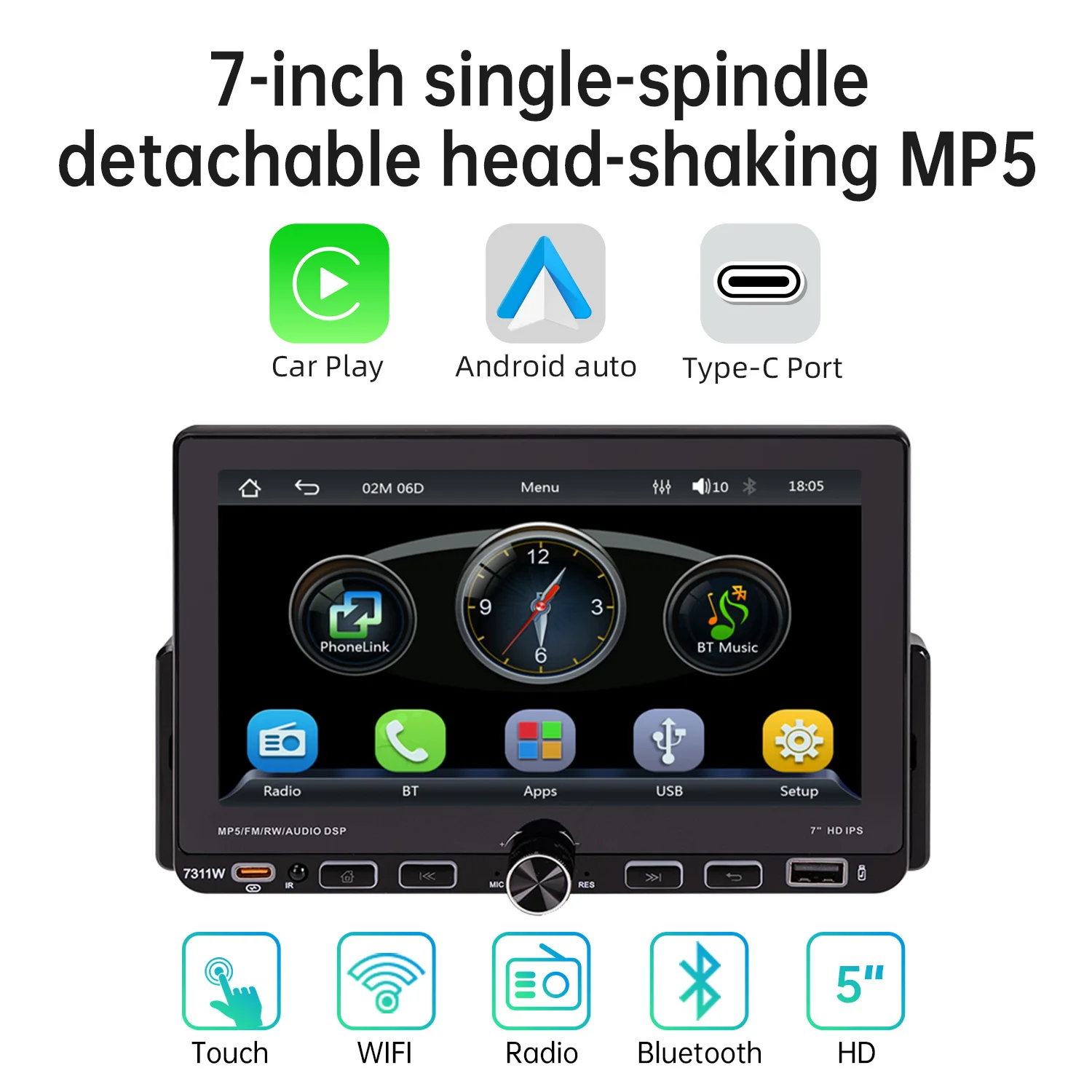 1 Din Universal Wireless Carplay Android Auto Car Radio Multimedia GPS Navigation Bluetooth Music FM AM RDS Touch Screen