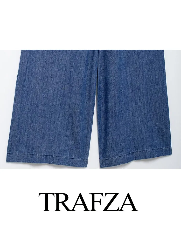 TRAFZA-Calça casual de perna larga feminina, jeans azul, cintura alta, bolsos, botões, calças com zíper, calça comprida, na moda, outono, feminina, 2022