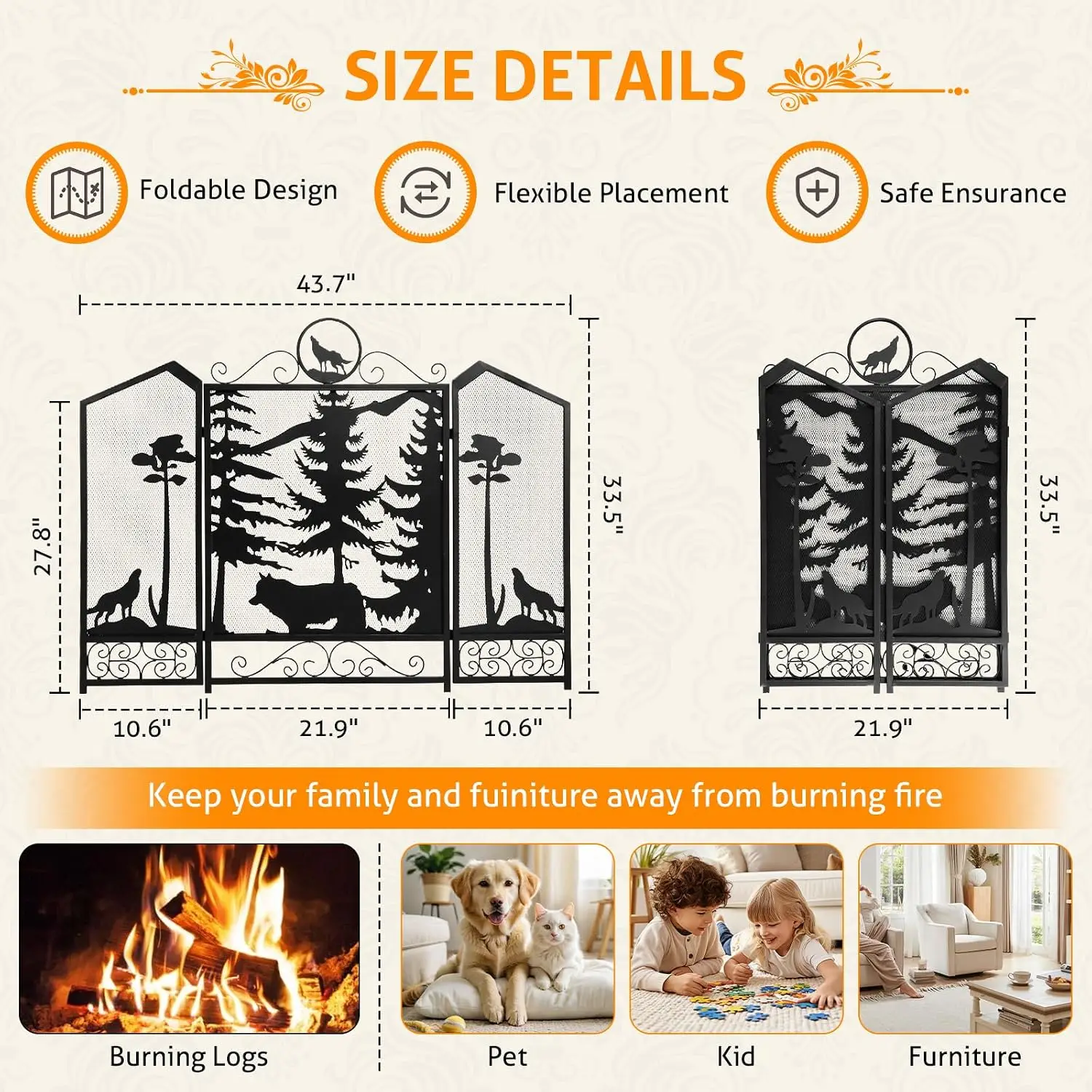 Fireplace Screen 44x33 Inch 3 Panel Fireplace Screen Black Wolf
