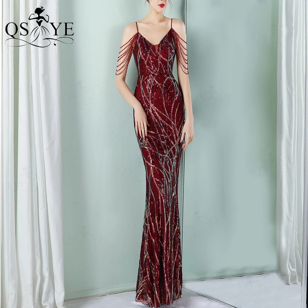 

Burgundy Sequin Prom Dresses Beading Side Sleeves V neck Evening Gown Fitted Spaghetti Straps Mermaid Red Party Formal Gown Chic