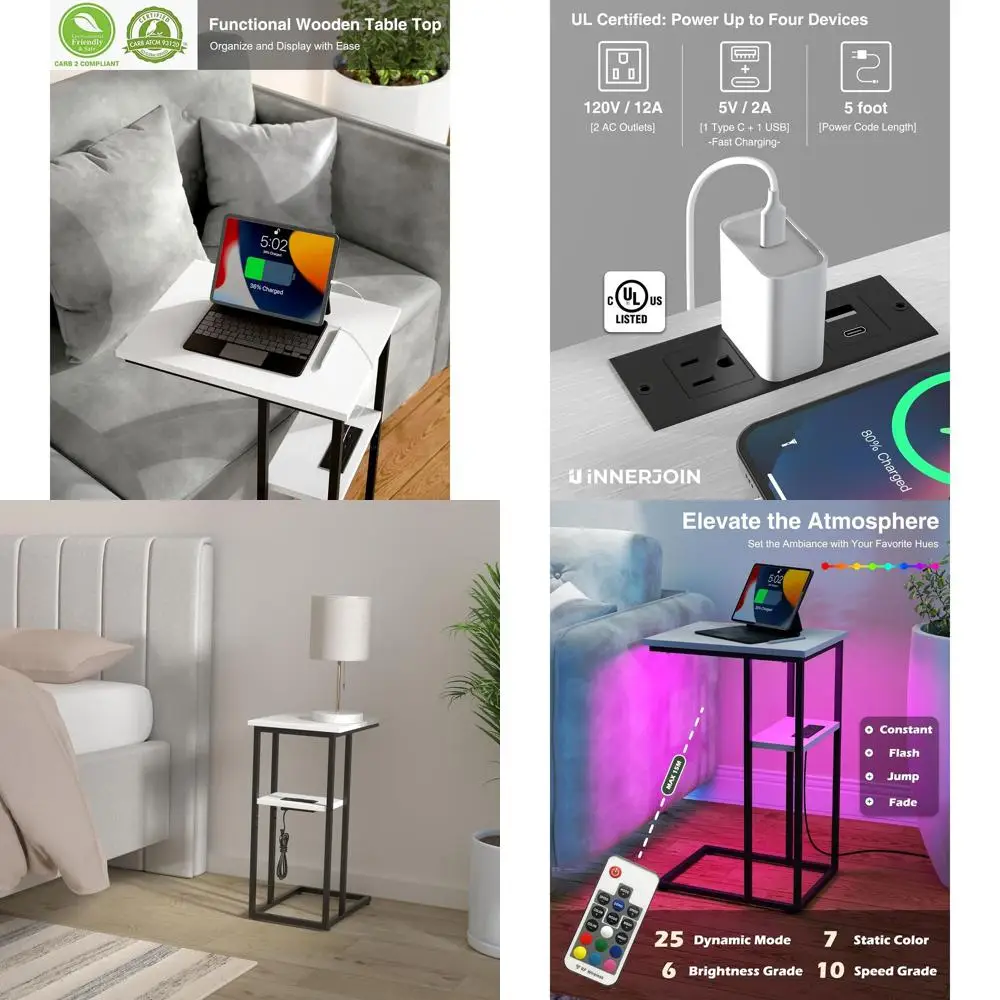 

Pair of White C-Shaped Side Tables with LED Lights and Dual USB Charging Ports for Living and Bedroom Use