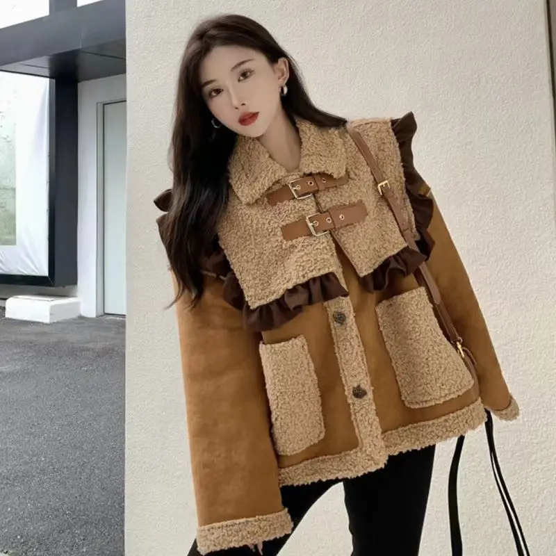 2023 Winter Women New Retro Fried Street Design Sense Minority Leisure Jacket Female Imitation Fur One Loose Warm Cashmere Coat