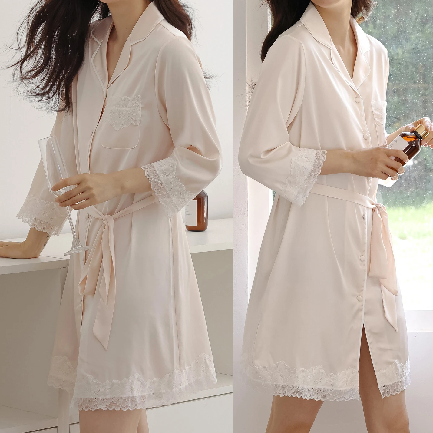 

Сексуальная атласная ночная сорочка с кружевной отделкой и поясом, домашняя одежда с отложным воротником, женская пижама, новинка лета 2026