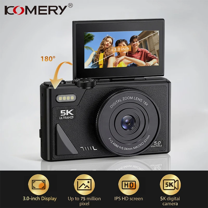 

Цифровая фотокамера KOMERY New Compact 5K с 18-кратным цифровым зумом и функцией записи видео в винтажном стиле 180° ° Камеры с поворотным экраном, Wi-Fi веб-камеры
