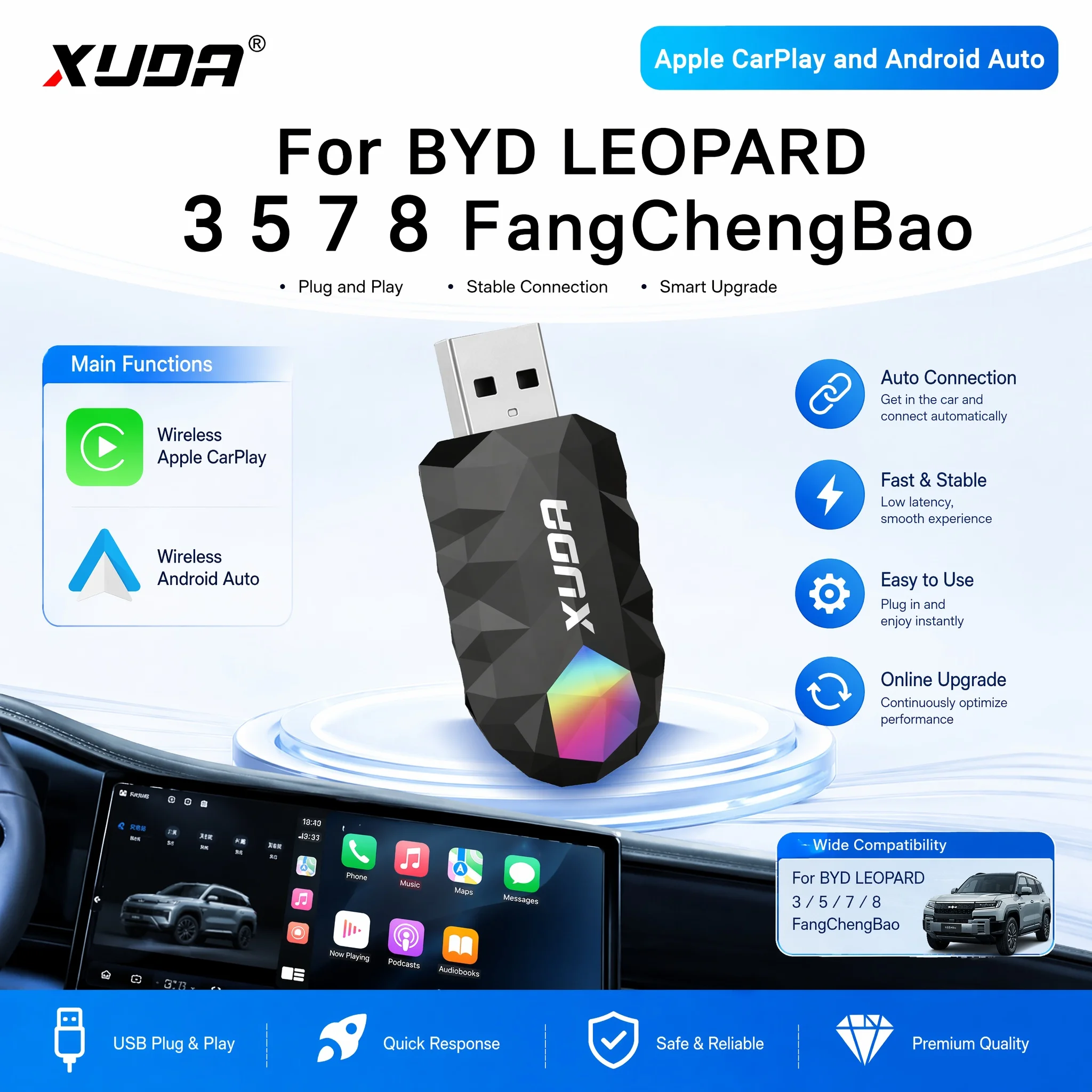 XUDA For BYD LEOPARD 3 5 7 8 FangChengBao Google Map Spotify Music Multilingual Add Apple CarPlay and Android Auto to Your Car